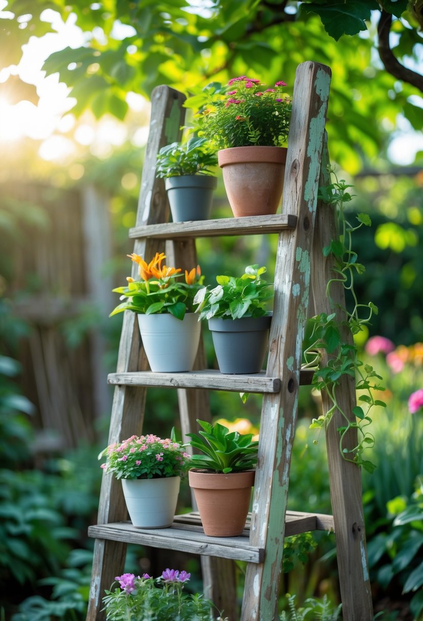 An old wooden ladder used as a vertical plant stand with various potted plants in a garden.