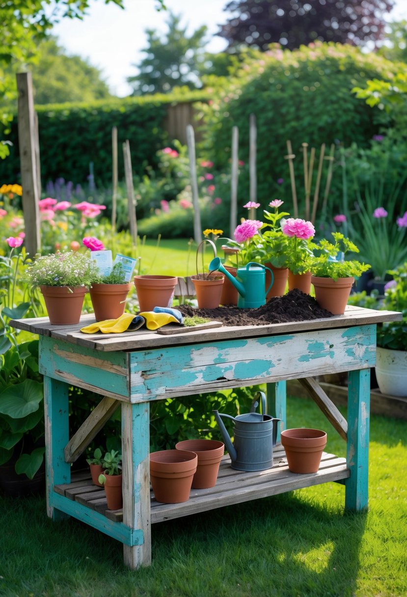 A repurposed broken wooden table transformed into a garden potting bench with gardening tools and pots outdoors in a green garden.