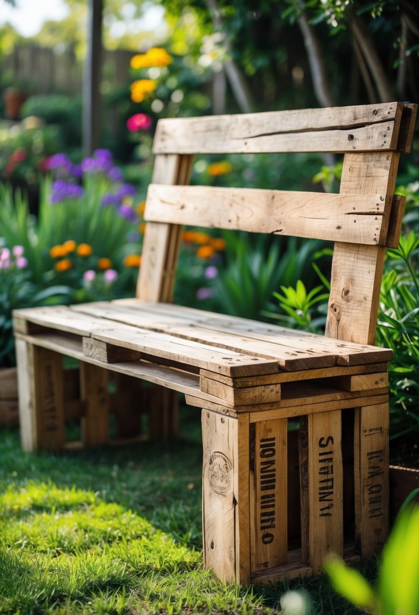 A wooden bench made from reclaimed pallet wood placed in a garden surrounded by grass and flowers.