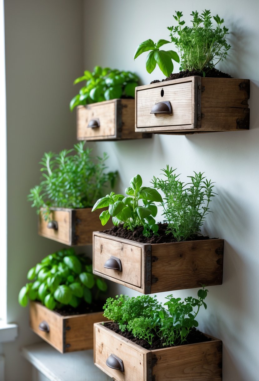 Antique wooden drawers mounted on a wall, filled with various green herbs growing in soil.