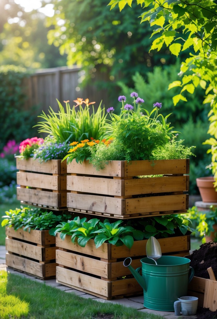 Stacked wooden crates used as planter boxes filled with green plants and flowers in a garden setting.