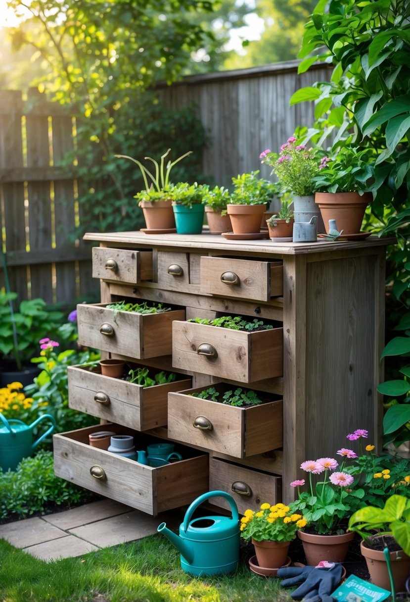Old wooden dresser used as garden storage with drawers open holding gardening tools and plants in a garden surrounded by flowers and greenery.