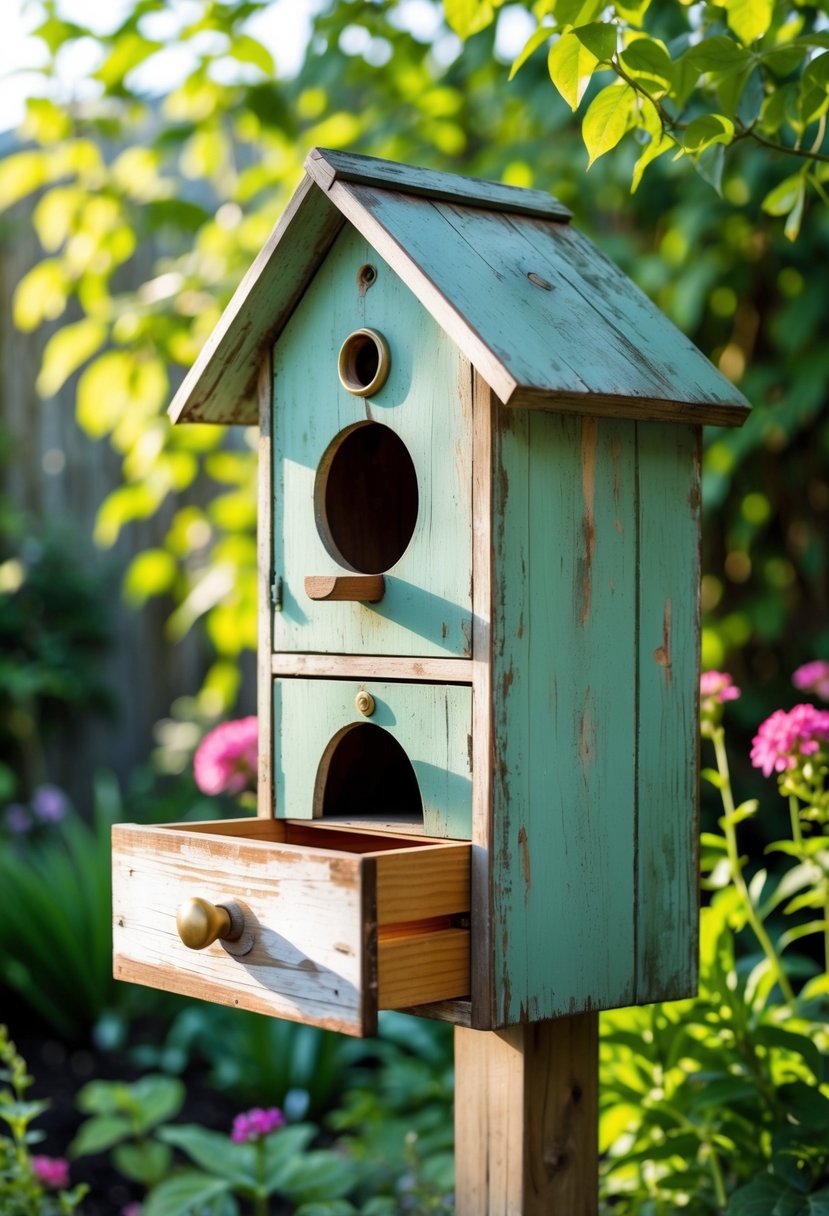 A garden birdhouse made from an old wooden cabinet drawer mounted on a post surrounded by plants and flowers.