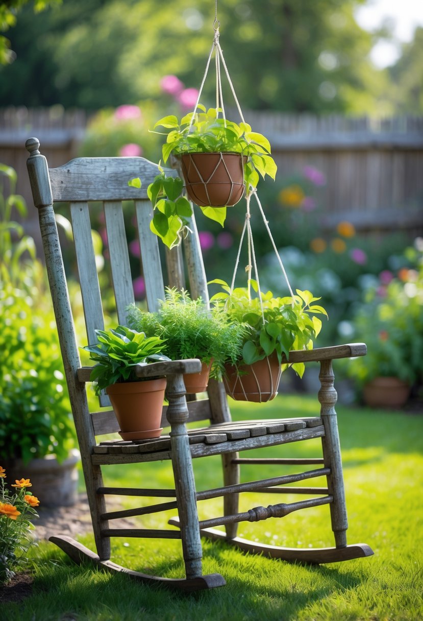 An old wooden rocking chair repurposed as a hanging plant holder with multiple green plants in pots, set outdoors in a garden.