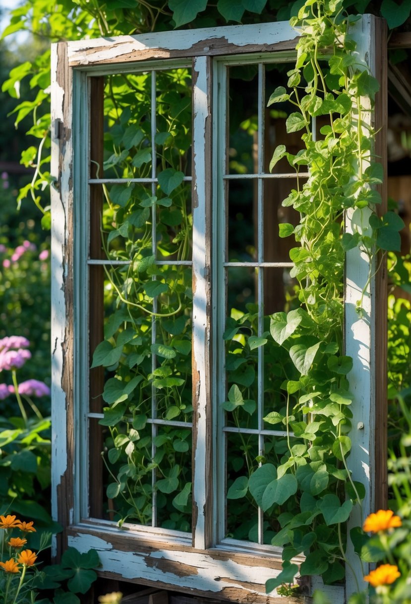 A garden with vintage wooden window frames used as trellises for climbing plants surrounded by green foliage and flowers.