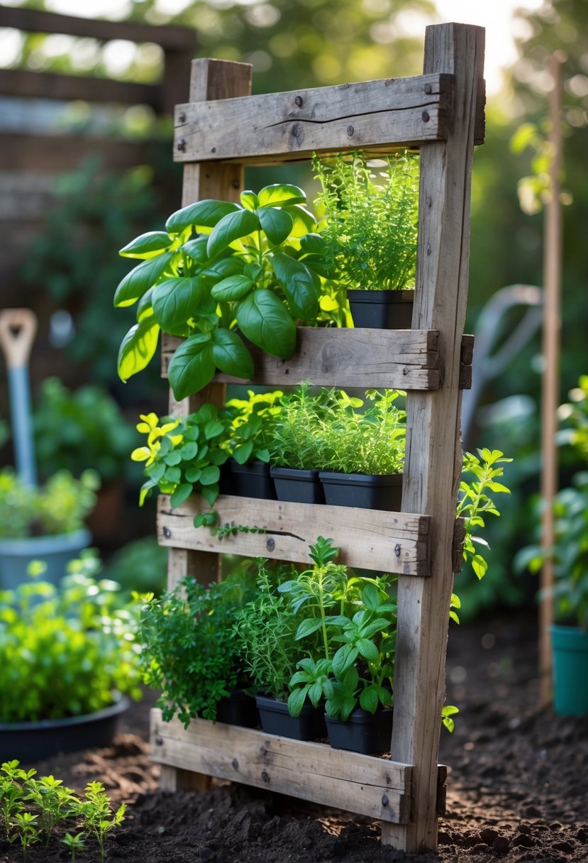 A vertical wooden pallet used as a garden planter with various fresh green herbs growing in it outdoors.
