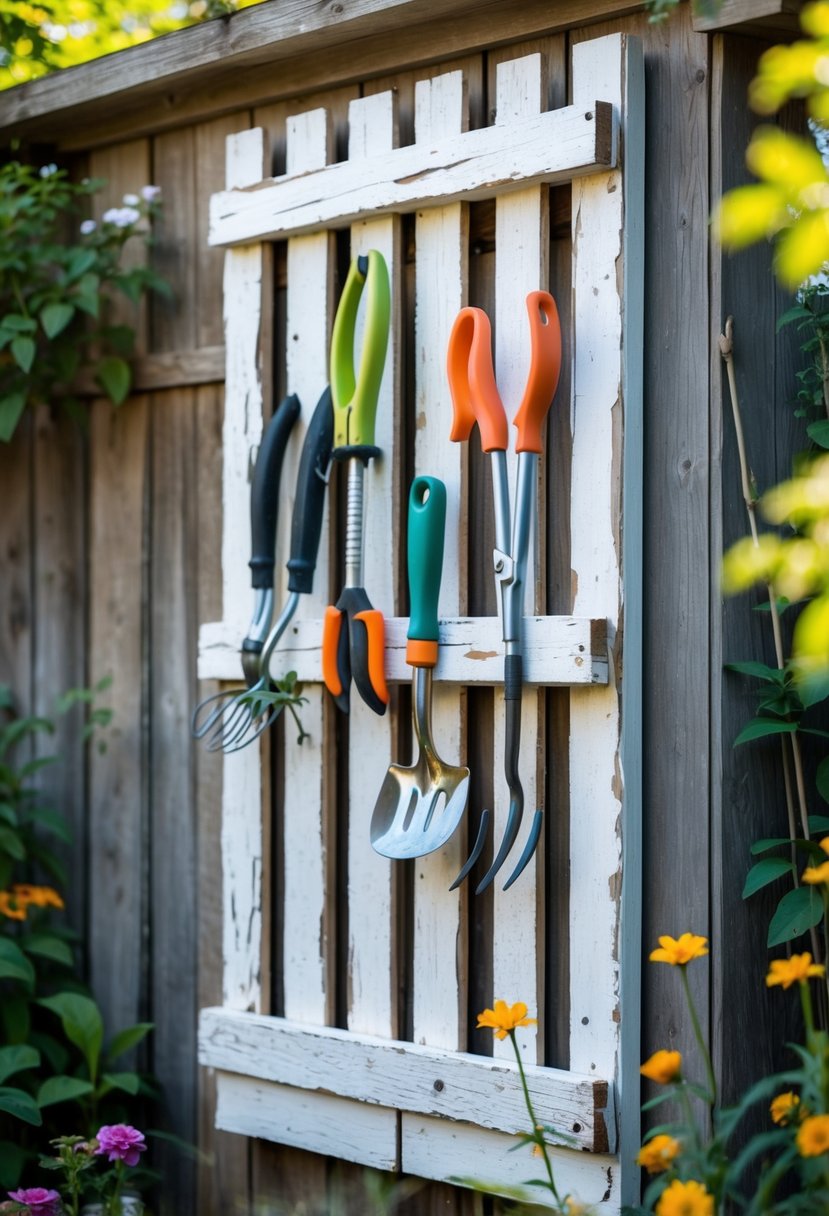 A garden tool rack made from an old wooden shutter holding various gardening tools against a garden shed wall with plants in the background.