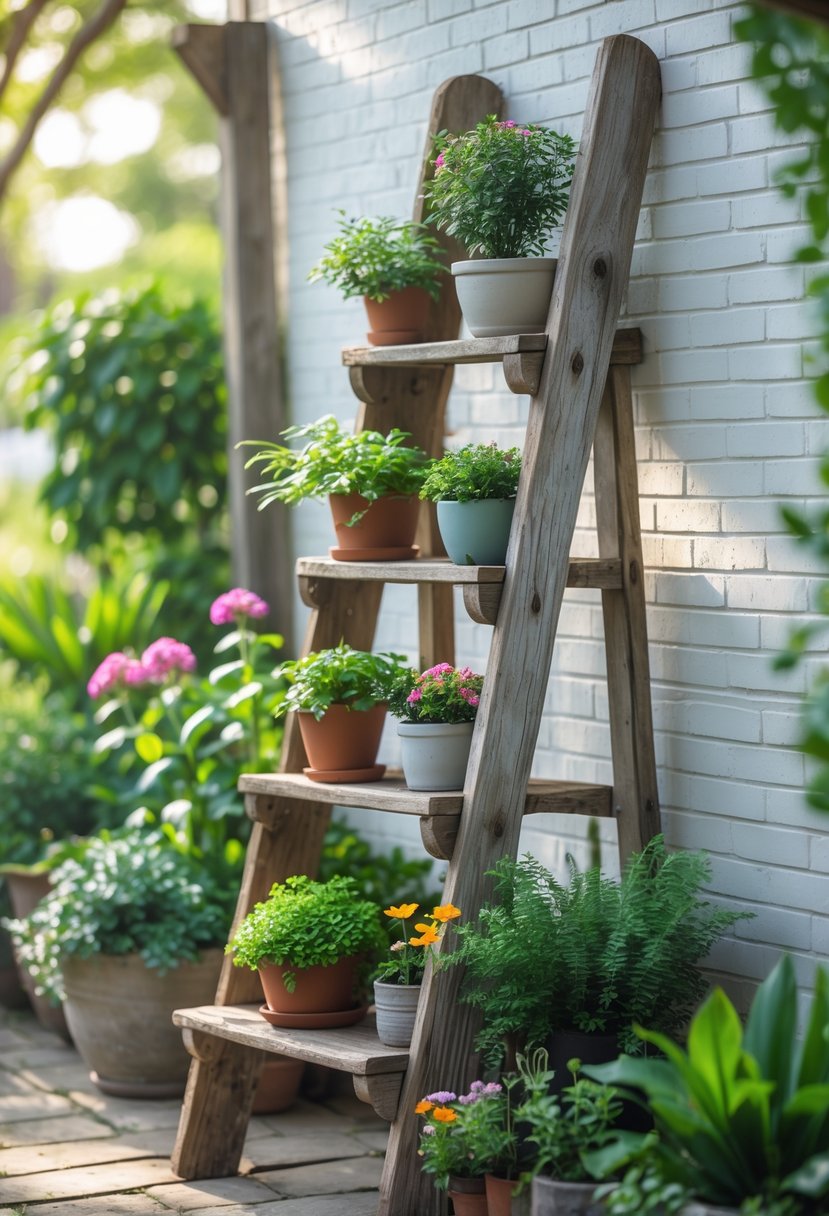 An old wooden ladder used as a plant stand with various potted plants arranged on its steps in a garden.