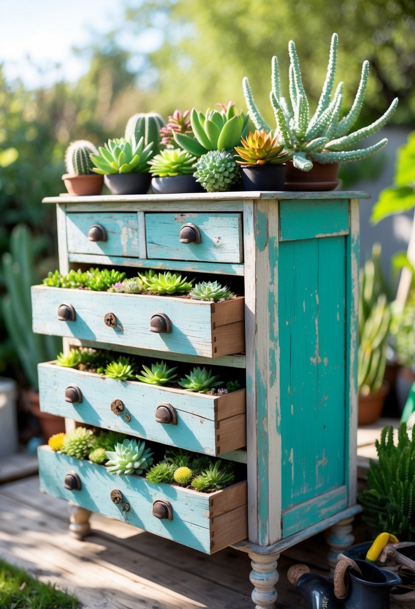 An old wooden chest of drawers outdoors with each drawer filled with various succulents and small cacti, surrounded by garden greenery.