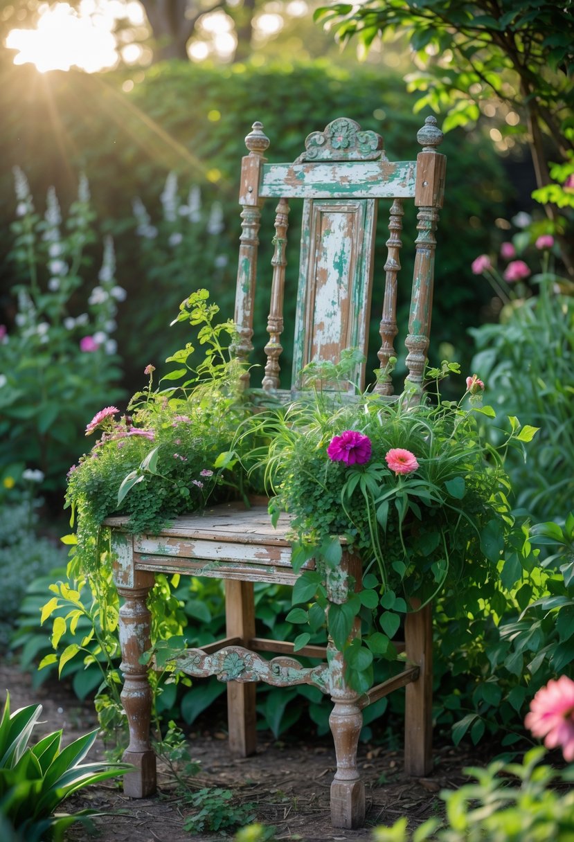 A vintage wooden chair used as a planter with green plants and flowers in a garden surrounded by shrubs and sunlight.