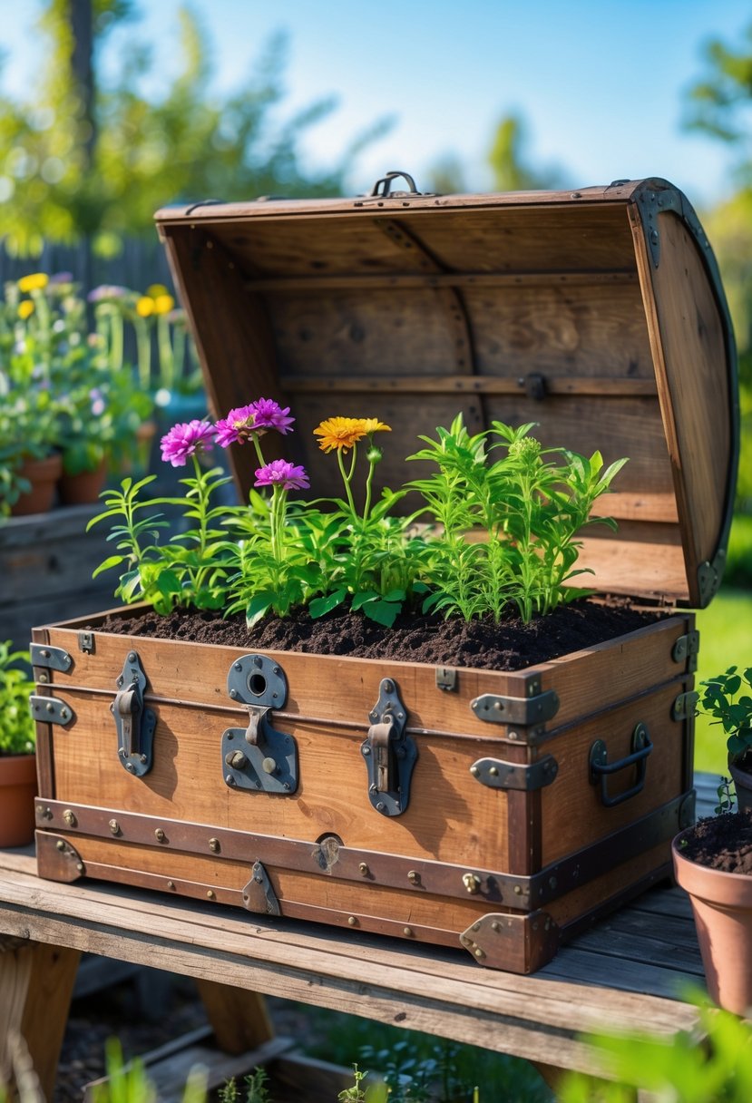 An antique wooden trunk hollowed out and used as a planter filled with green plants and colorful flowers in a garden setting.