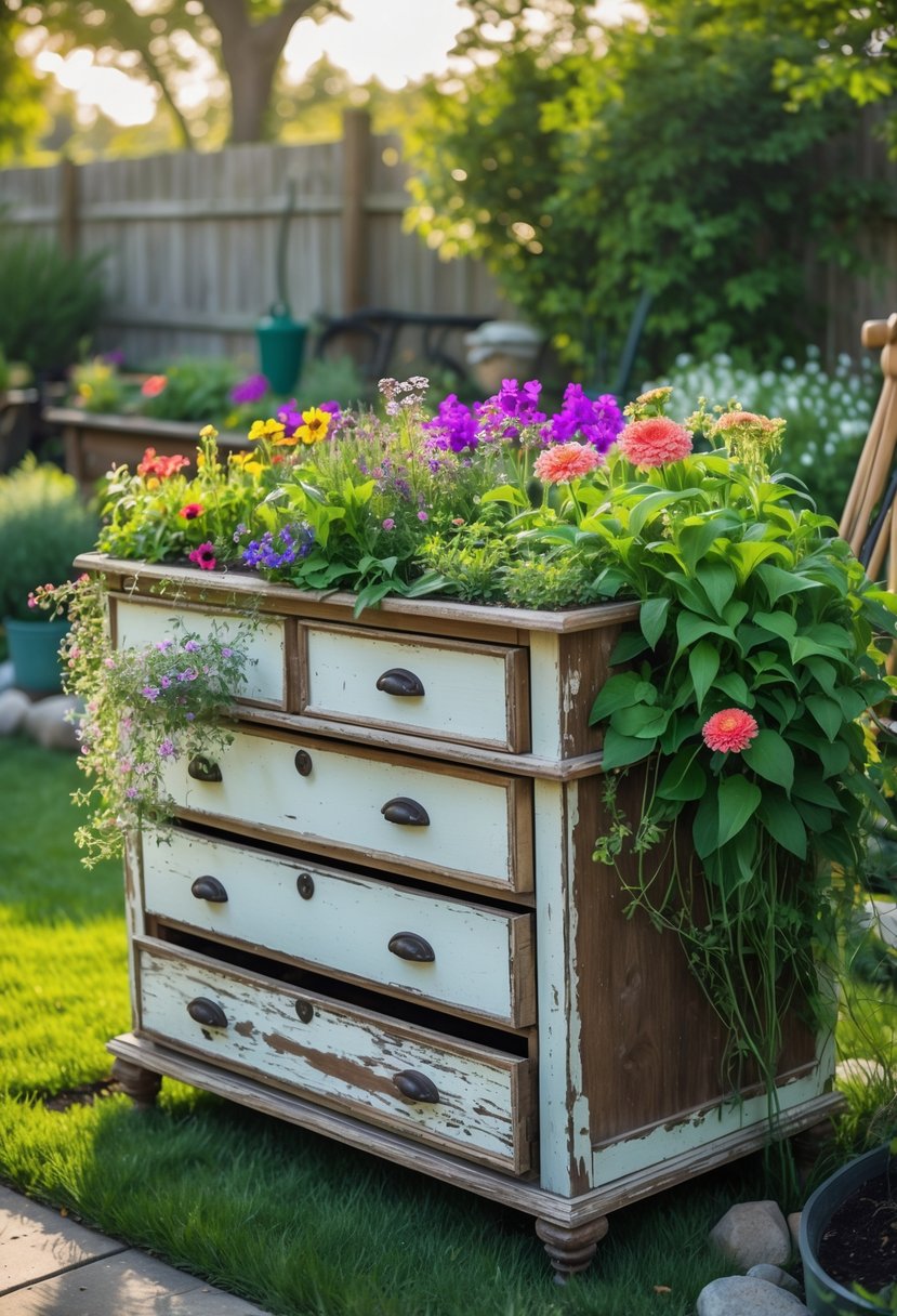 An old wooden dresser repurposed as a flower bed filled with colorful flowers and green plants in a garden setting.