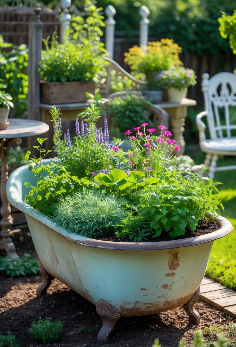 A raised garden made from an old bathtub filled with green plants and flowers in an outdoor garden setting.