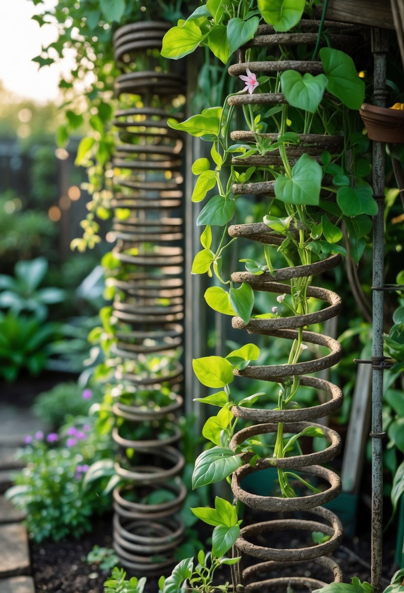 Old metal bed springs used as supports for climbing plants in a garden with green foliage and flowers.
