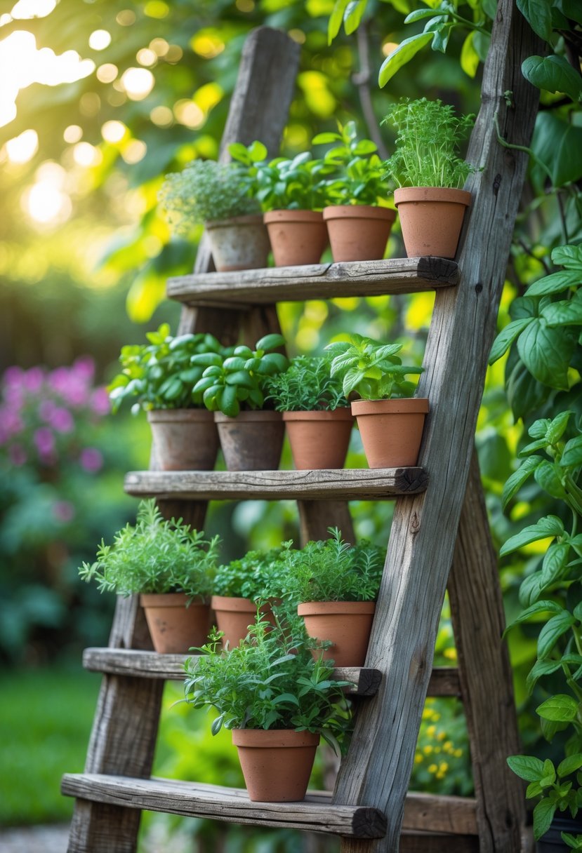 An old wooden ladder used as a herb rack holding pots of fresh green herbs in a garden.