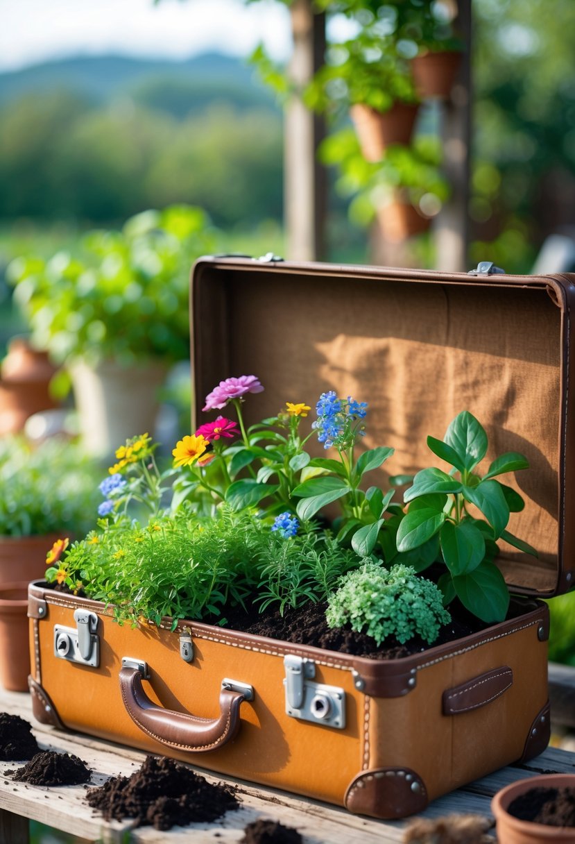 An open vintage suitcase filled with green plants and colorful flowers placed outdoors on a wooden surface with gardening tools nearby.