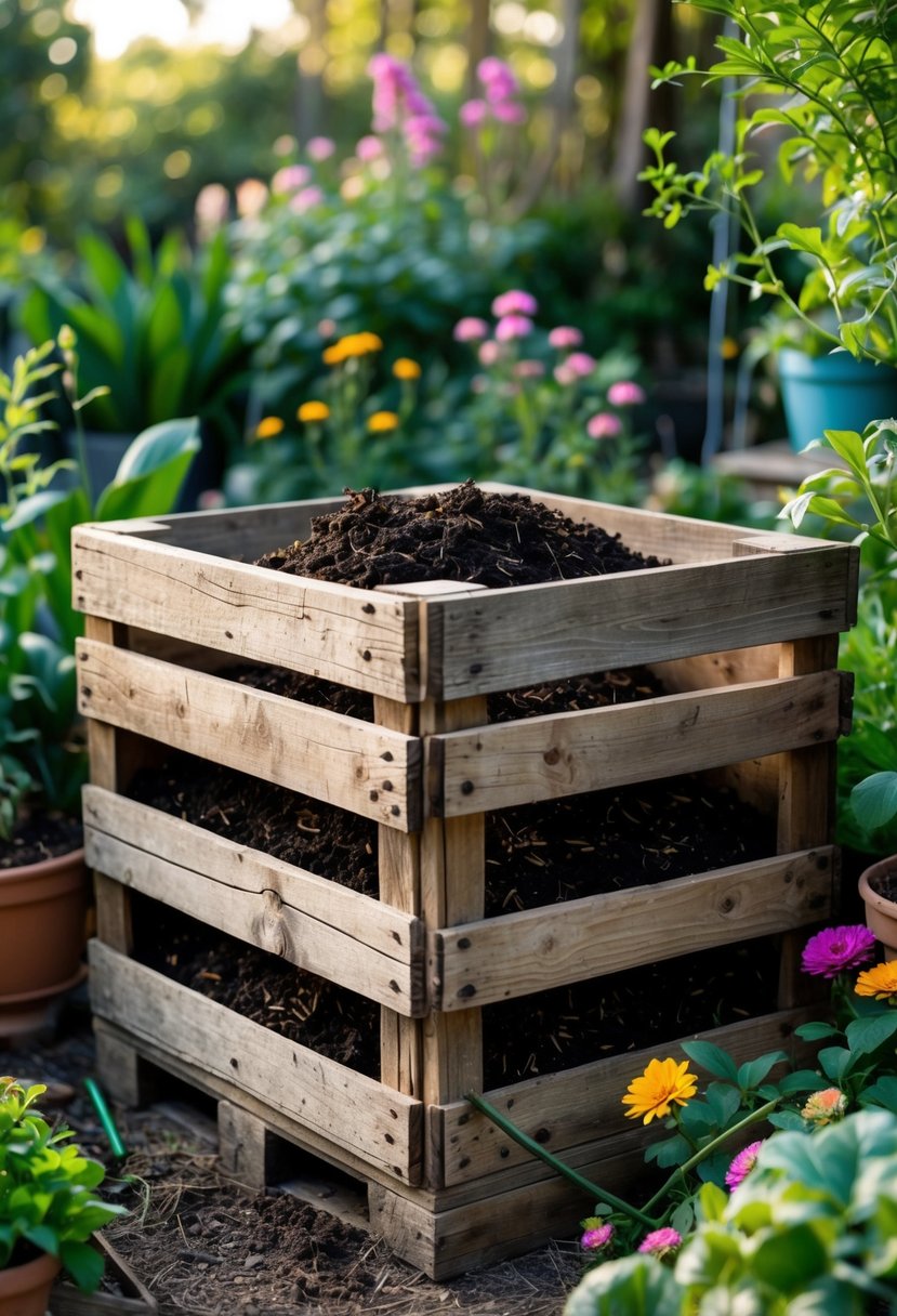 A rustic wooden crate used as a compost bin surrounded by plants and garden tools in a garden.