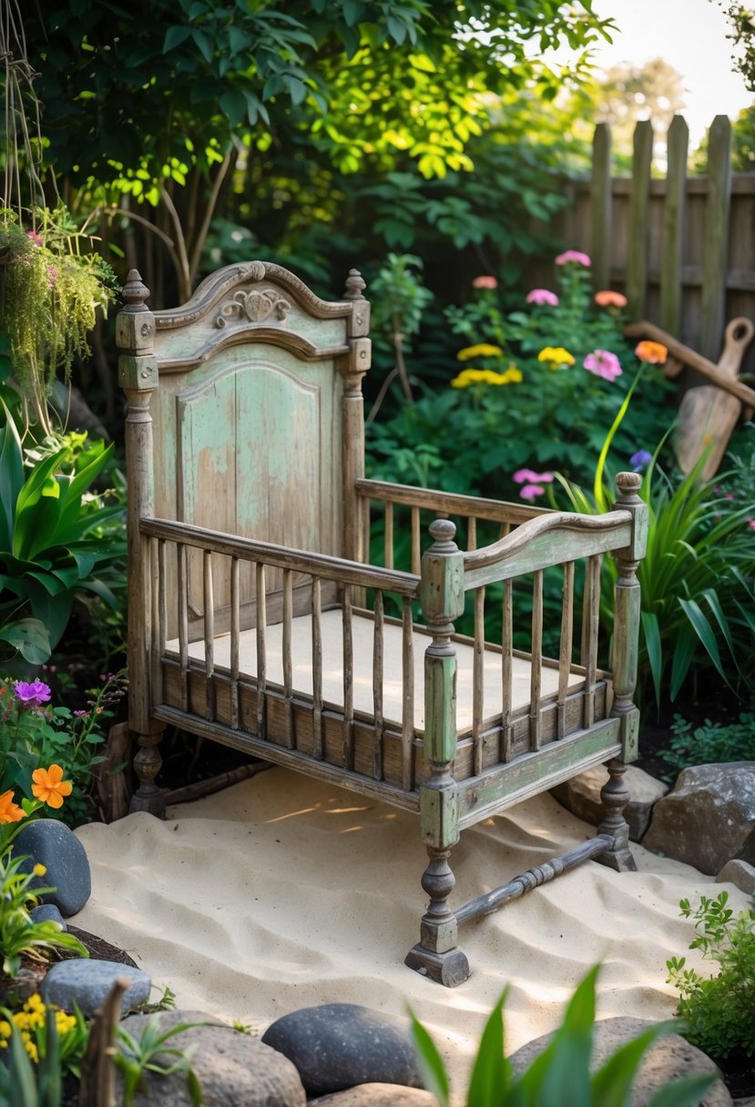 An antique wooden crib converted into a sandbox surrounded by plants and flowers in a garden.