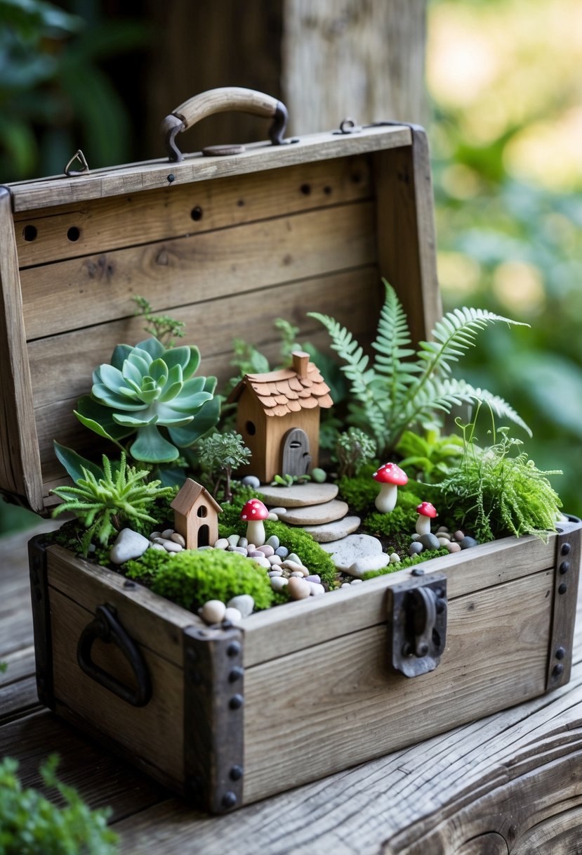 An old wooden toolbox repurposed as a miniature fairy garden with small plants, tiny fairy houses, and decorative elements inside.