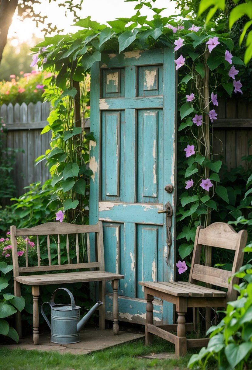 A rustic wooden door used as a garden trellis surrounded by climbing plants and old furniture in a garden.