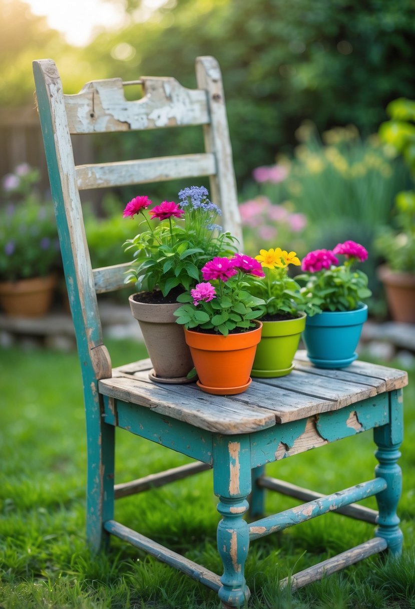 An old broken wooden chair used as a flower pot holder with colorful plants arranged on it in a garden setting.