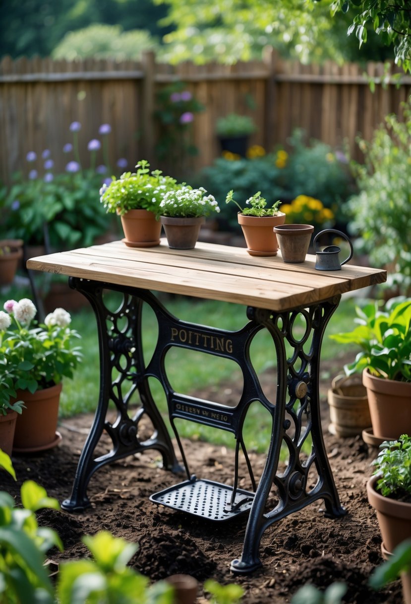 A garden scene showing a potting table made from an old sewing machine base with gardening tools and plants around it.