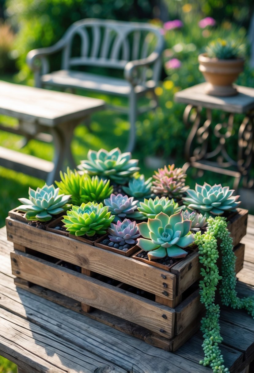 A wooden crate filled with various colorful succulents displayed outdoors on a wooden table with garden furniture in the background.