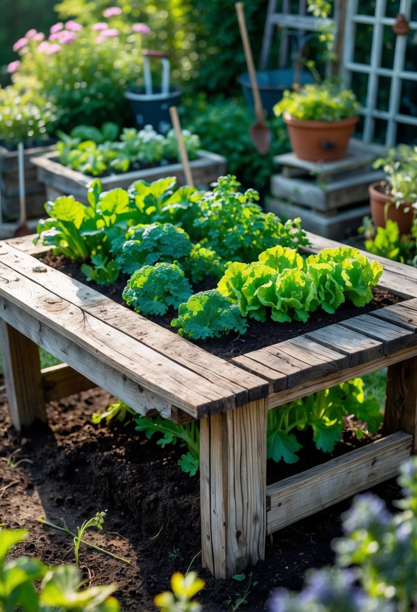 An old wooden table repurposed as a vegetable garden patch with various green plants growing in it, set outdoors in a garden.