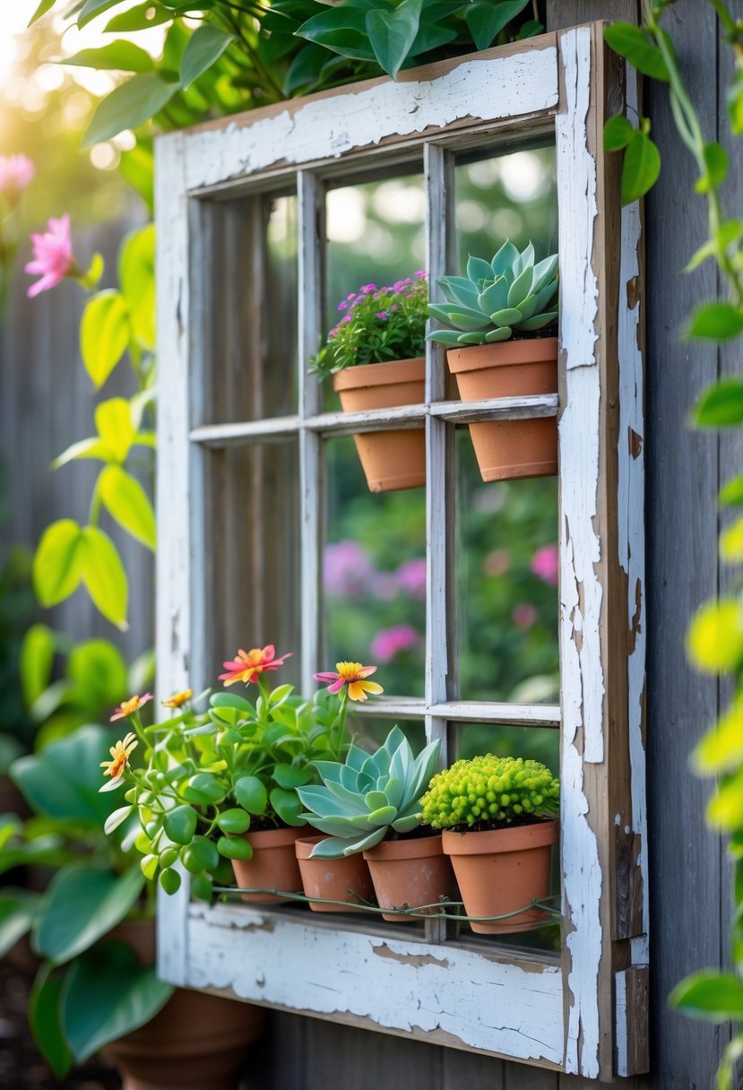 An old wooden window frame used as a plant holder with small potted plants arranged inside, set against a garden background.