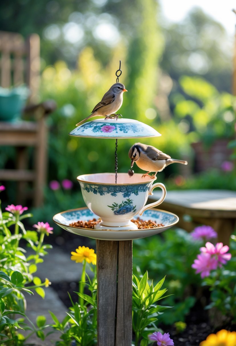 A teacup bird feeder on a wooden stand in a garden with green plants and flowers, with birds feeding from it.