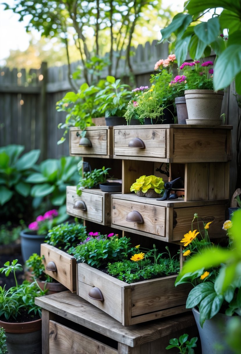 Old wooden drawers repurposed as garden shelves holding plants and flowers in an outdoor garden setting.