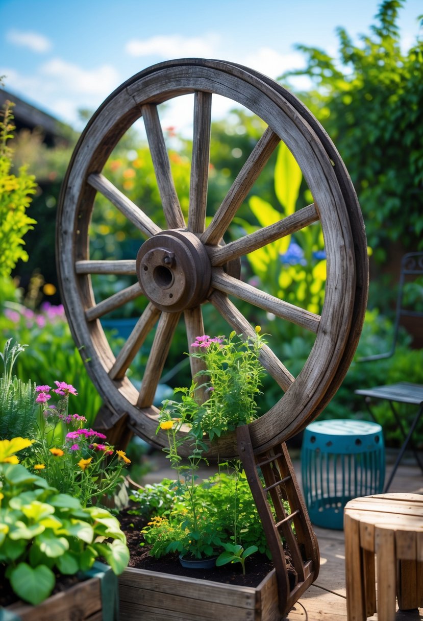 A rustic wagon wheel used as a plant support surrounded by lush green plants and colorful flowers in a garden with old wooden furniture pieces.