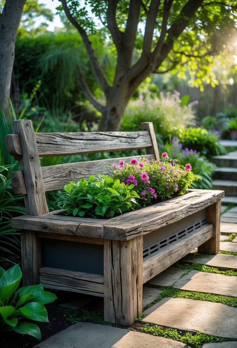 A wooden bench with a built-in planter filled with green plants and flowers in a garden surrounded by greenery and a stone pathway.