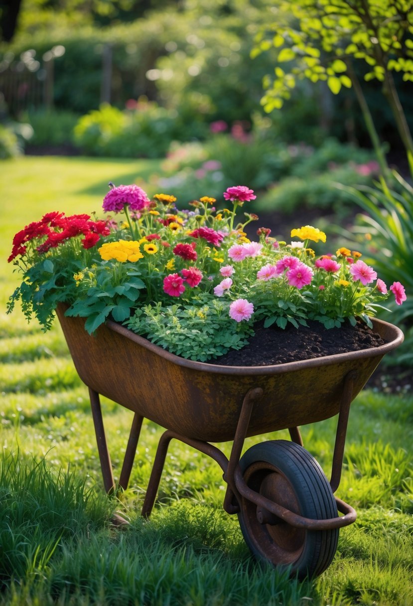 An old rusty wheelbarrow filled with colorful flowers in a garden surrounded by green plants and grass.