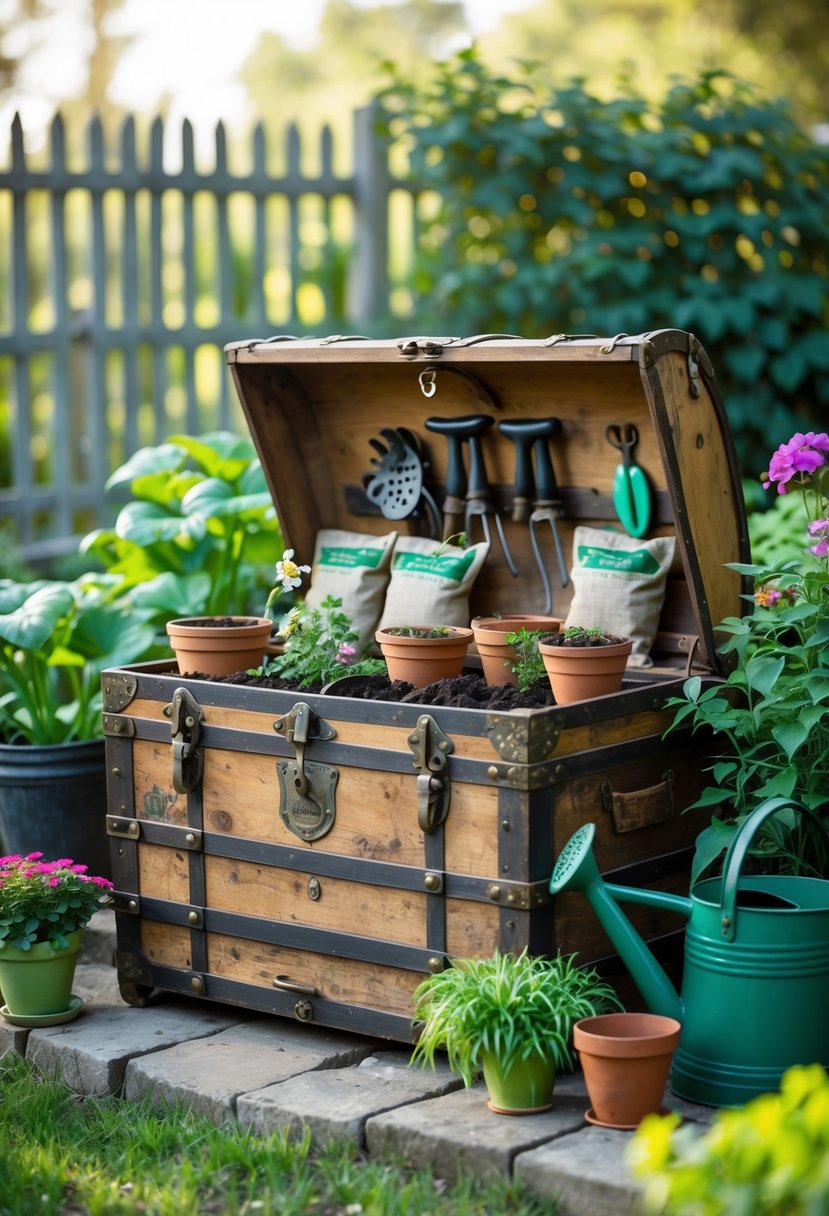 An antique wooden trunk used as a garden storage and potting station surrounded by plants and gardening tools.