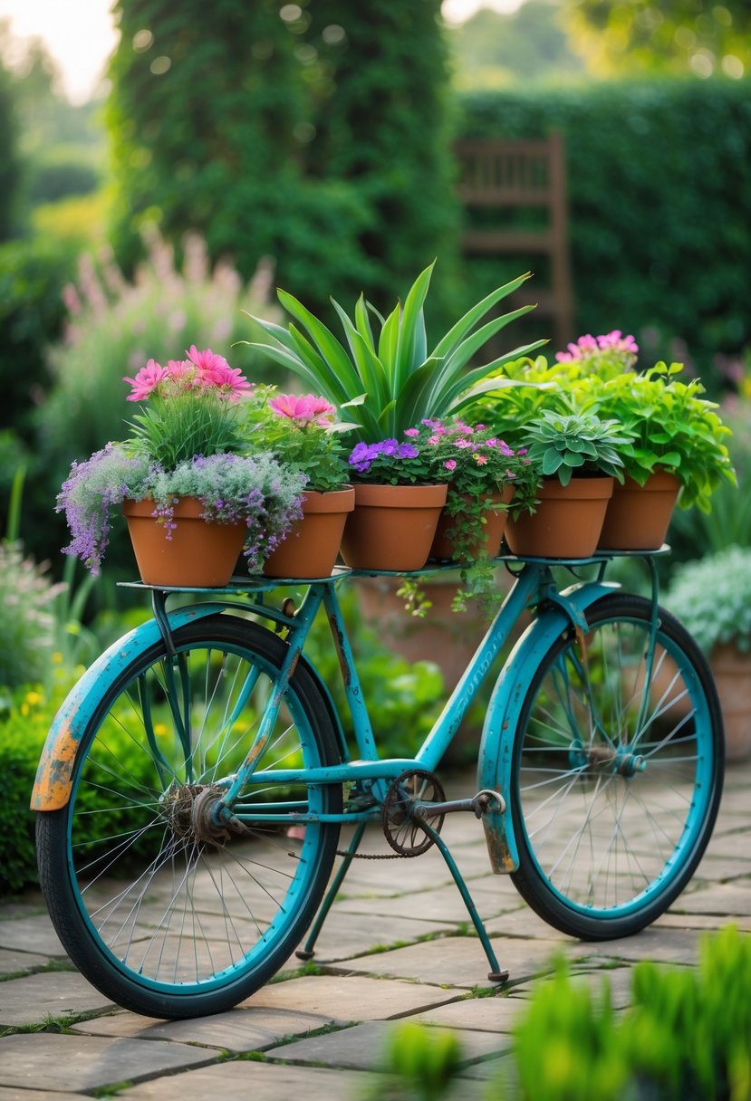 An old painted bicycle used as a planter stand with pots of green plants and flowers in a garden.