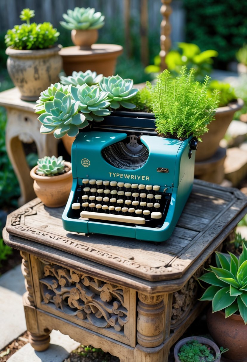 A vintage typewriter filled with green succulents sitting on an old wooden piece of furniture in a garden surrounded by plants and rustic decor.