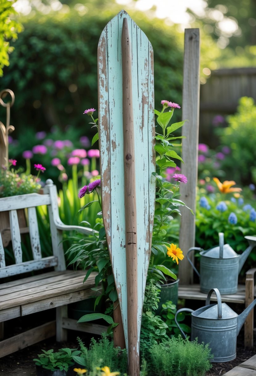 A weathered wooden boat oar used as garden art surrounded by green plants, flowers, and vintage outdoor furniture.