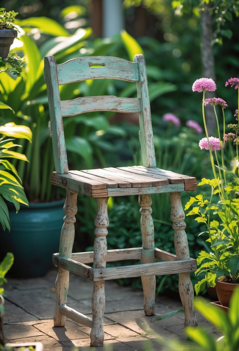 An old wooden farm chair repurposed as a garden stool surrounded by plants and flowers in a garden.