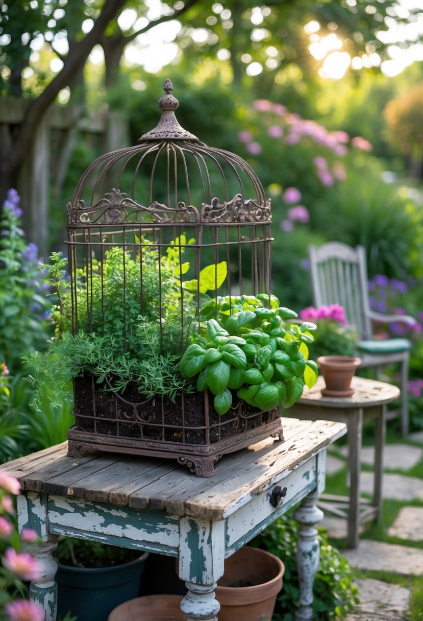 A birdcage filled with herbs sits on an old wooden table in a garden surrounded by rustic furniture and plants.