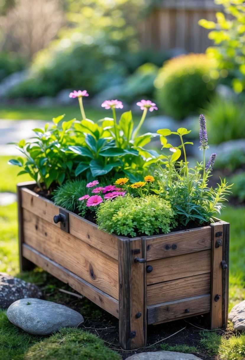 An old wooden toolbox repurposed as a planter filled with green plants and colorful flowers in a garden setting.