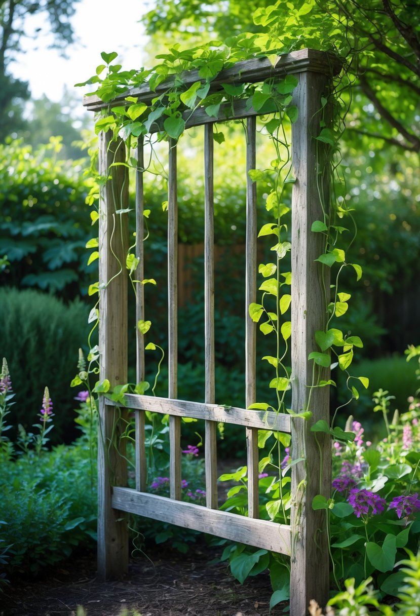An old wooden bed frame used as a support for climbing vines in a green garden with flowering plants.