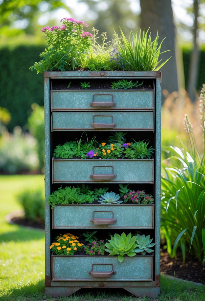 An old metal filing cabinet repurposed as a vertical garden with drawers open and filled with green plants and colorful flowers in an outdoor garden.