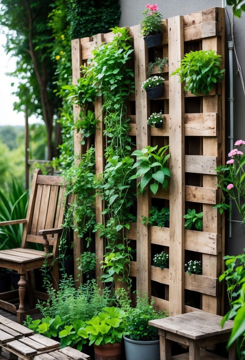 A vertical garden made from pallet wood with green plants and flowers, surrounded by old wooden furniture outdoors.