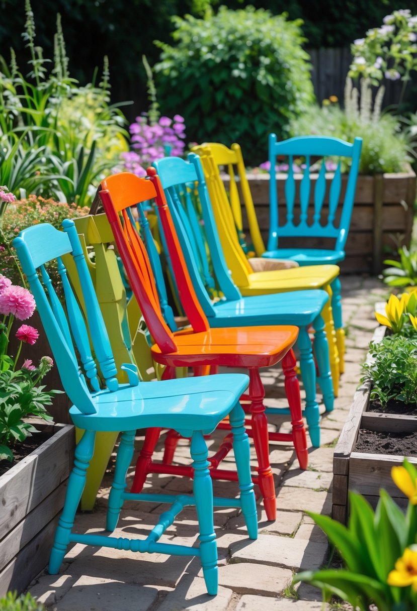 Old wooden chairs freshly repainted with bright colors placed in a sunny garden surrounded by plants and flowers.