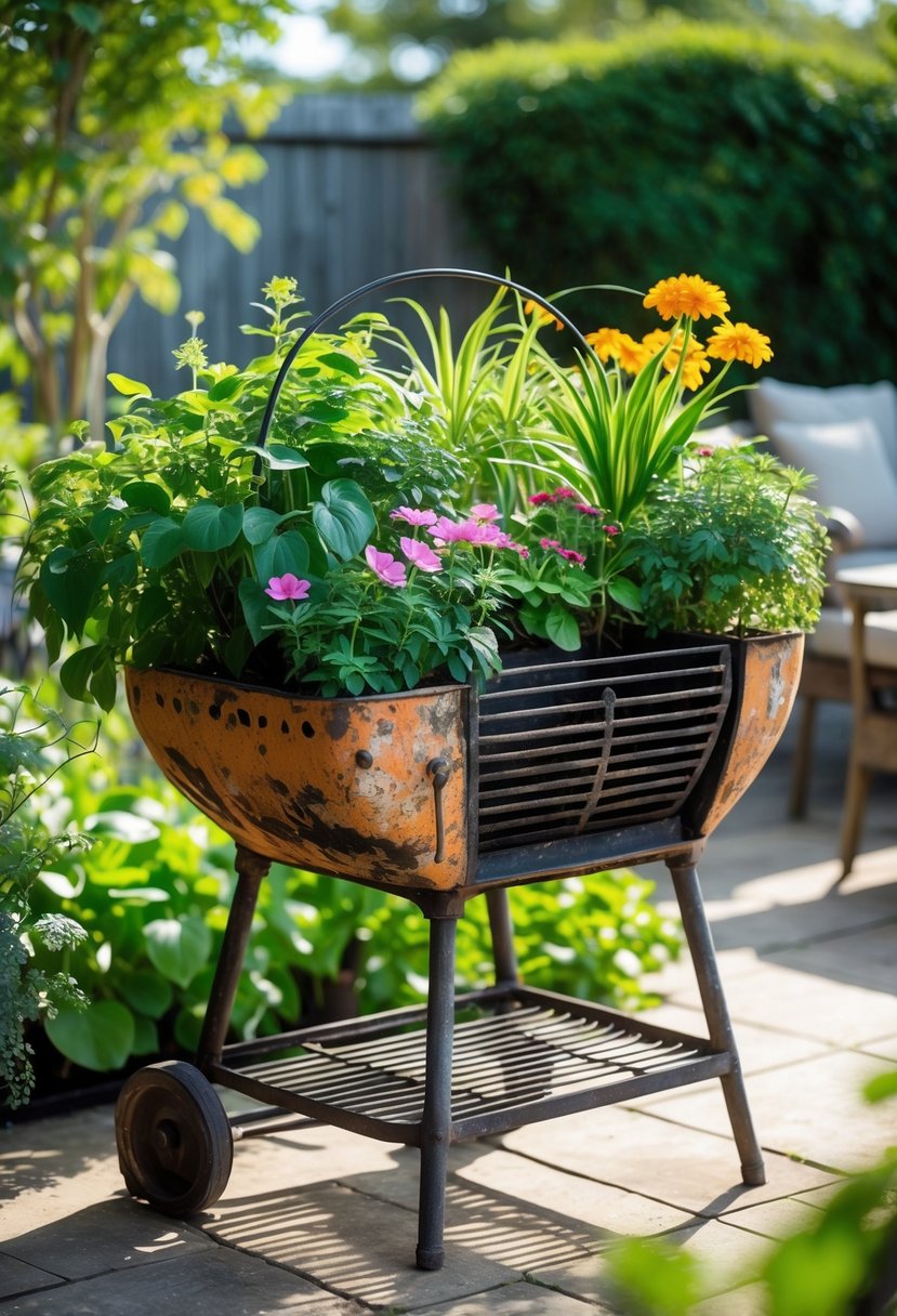 A garden planter made from an old grill filled with green plants and colorful flowers in an outdoor garden.