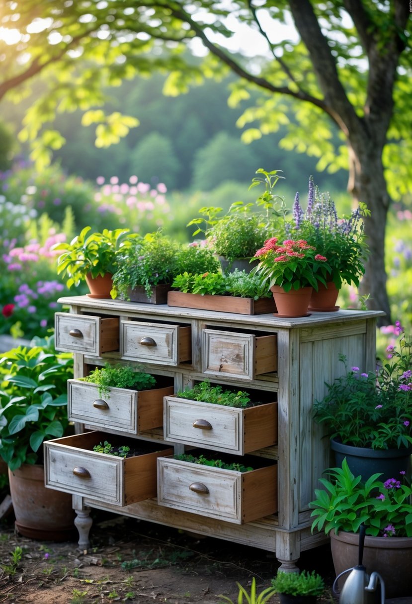 A vintage wooden dresser used as a planter stand with various plants and flowers in a garden.