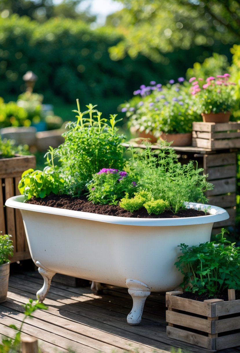 An old bathtub repurposed as a raised garden bed filled with plants and flowers outdoors.