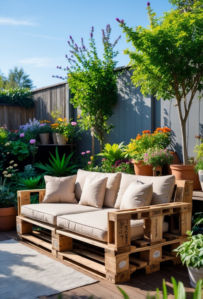 A garden sofa made from wooden pallets with cushions, set outdoors surrounded by plants and flowers.