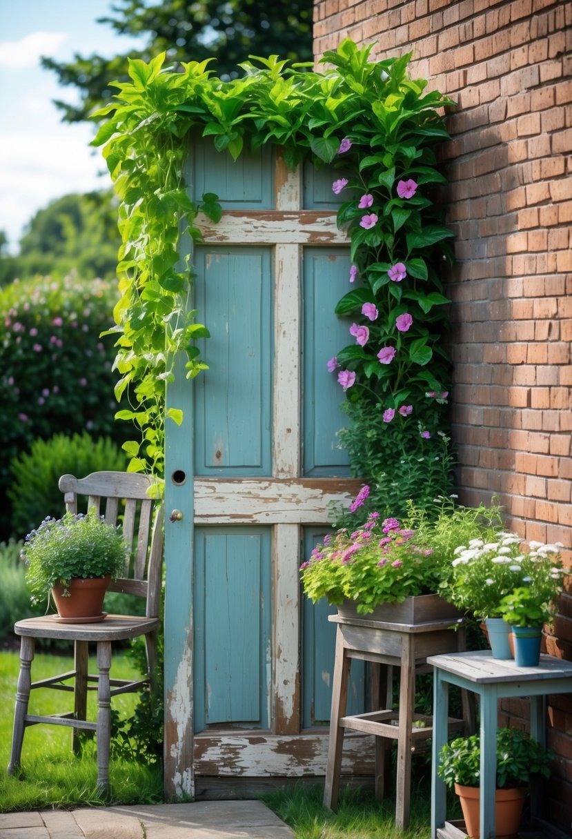 An old wooden door used as a vertical garden trellis with climbing plants and flowers, surrounded by upcycled furniture planters in a garden.